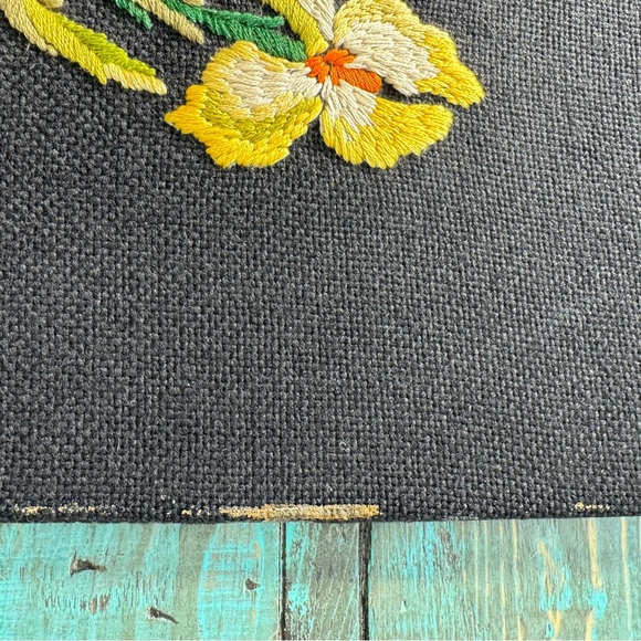 MCM Hand Embroidered Crewel Flower Black Background Unframed - Picture 9 of 9